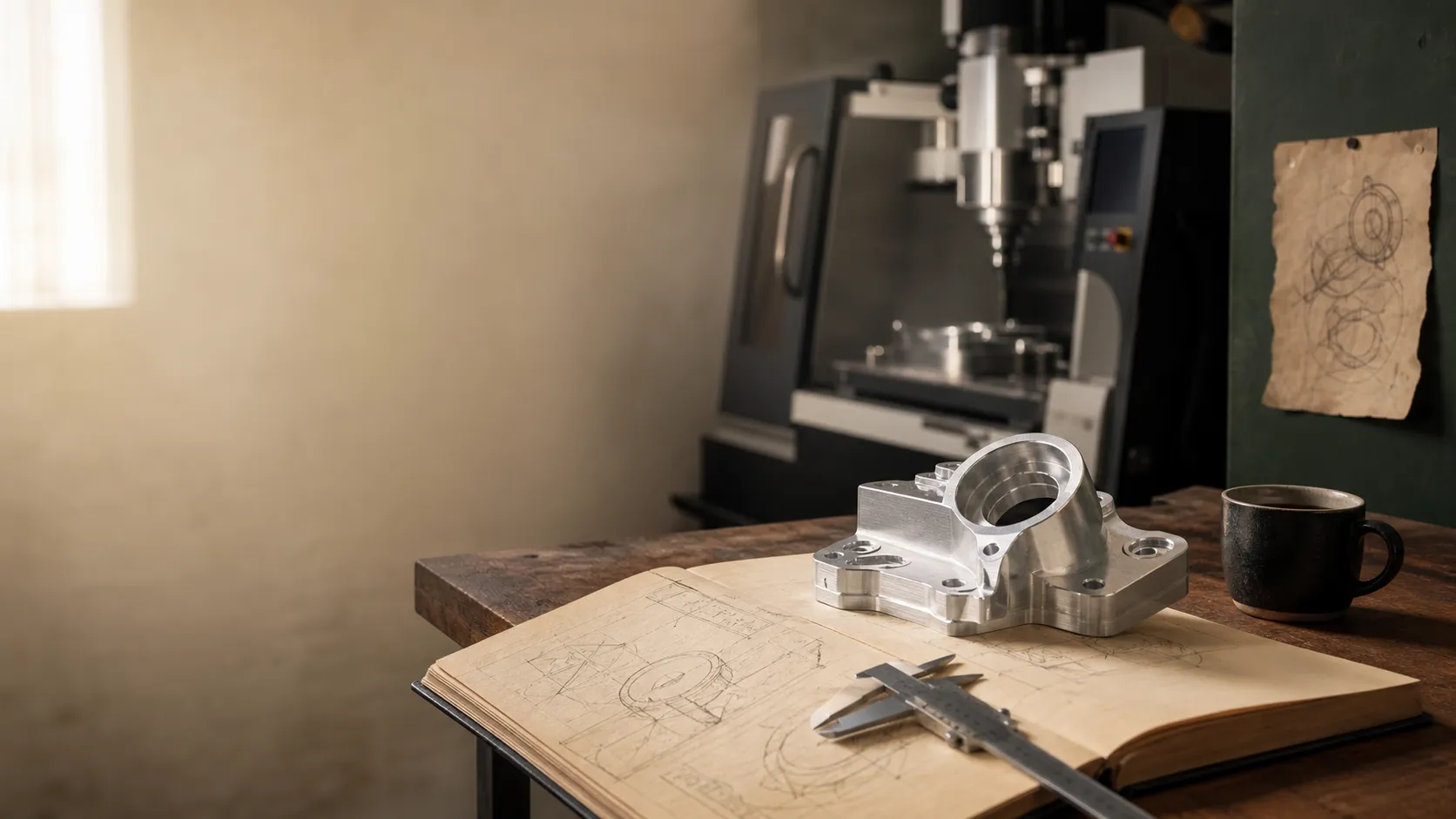 A machined aluminum component, engineering notebook, caliper, and compact CNC mill in a quiet workshop